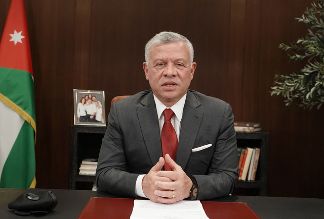 His Majesty King Abdullah delivers a keynote address at the 2020 International Borlaug Dialogue held by the World Food Prize Foundation on Friday, via teleconference  (Photo courtesy of Royal Court)